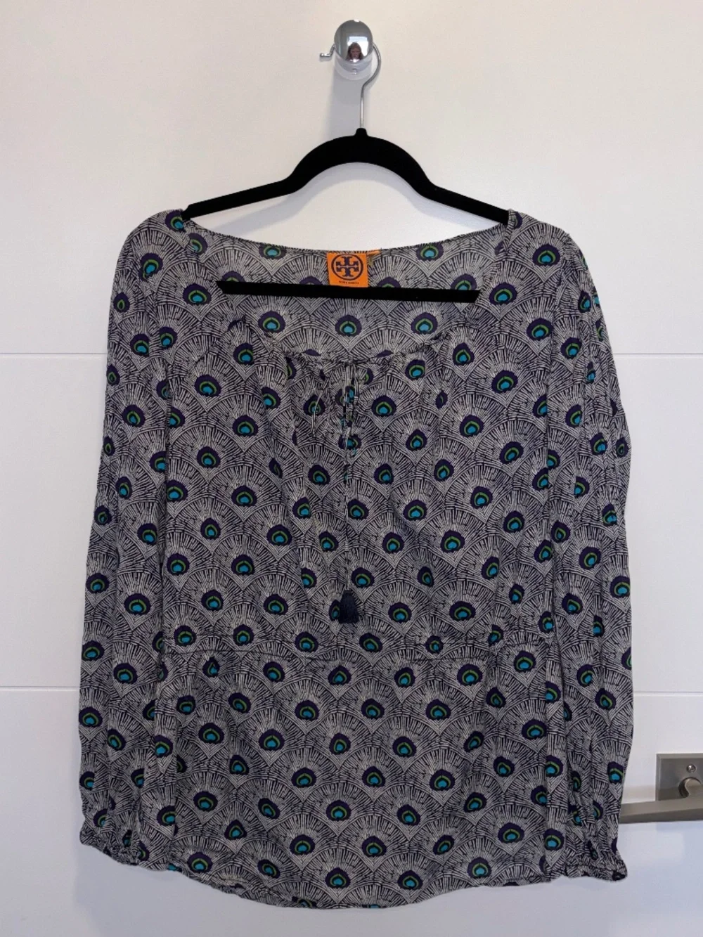Tory Burch Evelina Peacock Print Cotton Peasant Blouse Size 6